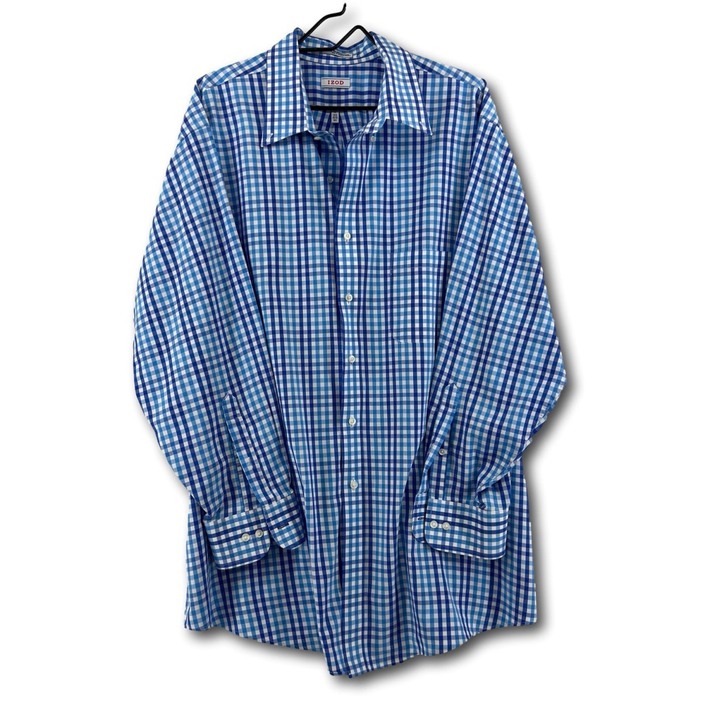 Izod Button Down Shirt Long Sleeve Blue Plaid Regular Fit Size 2XL 18.5